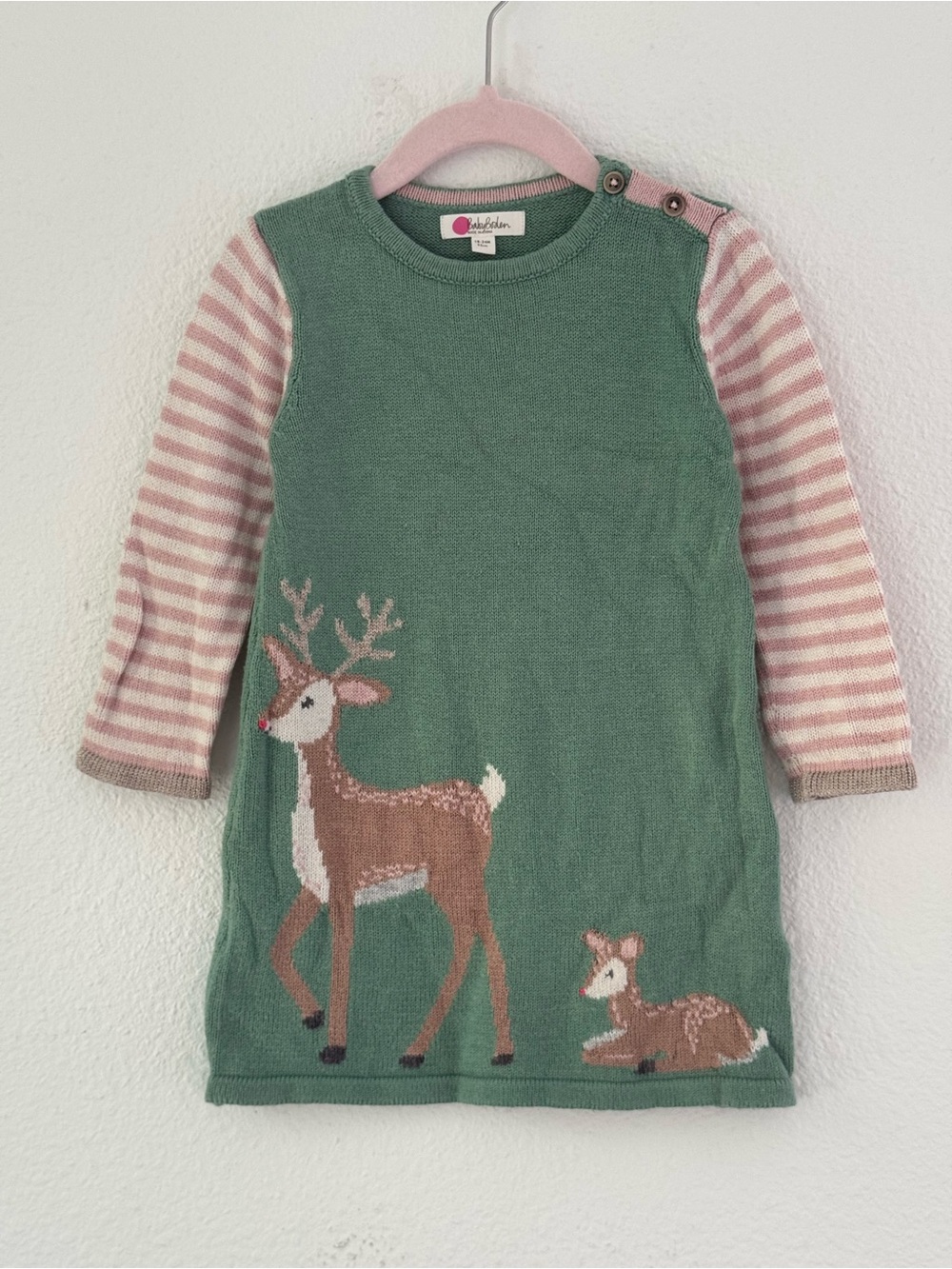 Baby Boden Green Knit Dress with Pink Stripe Sleeves